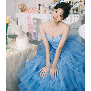Strapless Blue Tulle Ball Gown Empire Waistline Cocktail Dress For Birthday Party Photo Shoot Adult Size - Product Image 5