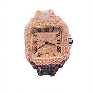 Men's Customized Square Case Glass Dial Stainless Steel & Moissanite Band Quartz Movement Wrist <b>Watch</b> 10 Bar Water Resistant - Product Image 1