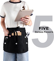 Delantal de Trabajo Corto Unisex de Cinco Bolsillos, Delantal Resistente de Polialgodón para Restaurante, Barista, Servicio de Catering, Personal de Hotel