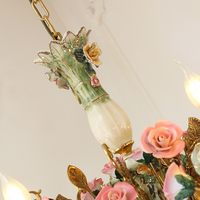 Lampe en laiton rococo Jewellerytop, fleurs en céramique verte de luxe, luminaire suspendu, lustre décoratif français