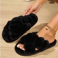 Chaussons d'intérieur tendance pour femme, style croisé, imprimés, doublés de fourrure, antidérapants, à semelles épaisses en EVA