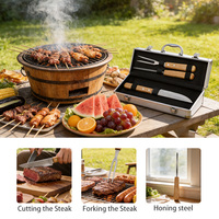 Ensemble d'outils de camping et de barbecue robuste 3 pièces avec couteau, fourchette et aiguiseur à manche en chêne, dans une boîte en bambou