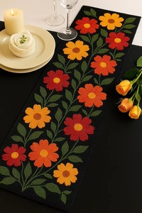Most Selling <b>Black</b> Gold Embroidered Floral Table <b>Runner</b> for Dining Room Kitchen Table and Decor Available For Sale - Product Image 2