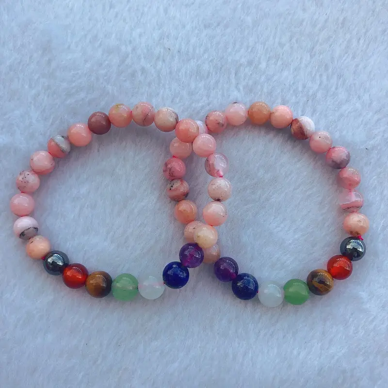 8mm High Quality Natural Stone Pink Opal 7 Chakra Yoga Bracelet