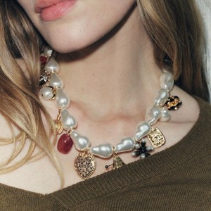 Kalung liontin mutiara tidak beraturan terbaru untuk wanita kalung rantai rumbai bola bunga hati logam Punk Retro - Product Image 1