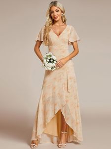 Abito da sposa digitale da donna in chiffon fluido, lungo, asimmetrico, a maniche corte, con scollo a V e spacco, a vita naturale, <span class=keywords><strong>chic</strong></span>, estivo - Product Image 4