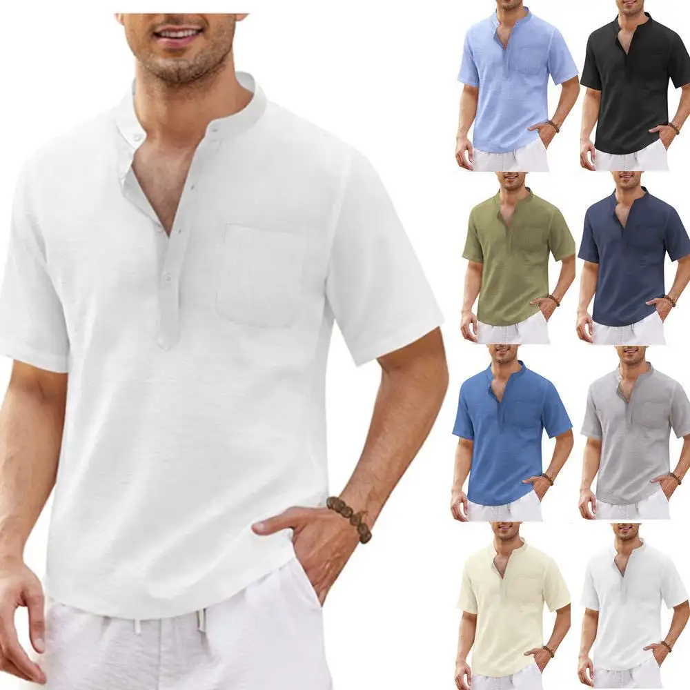 2022 Custom LOGO Summer Men's Beach Cotton Linen Fashion Casual Pocket Stand Collar Short Sleeve Shirt