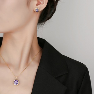 High Quality Eco-friendly Copper Oval Cut 10*12-7*9mm Purple Zircon Gold Plated Bezel Setting Necklace <b>Earrings</b> <b>Set</b> Jewelry <b>Set</b> - Product Image 6