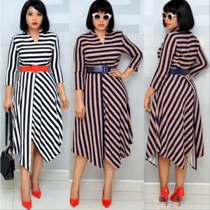 H & D Hot Sale New Style African Women Fashion Striped Cross Stitching Dress With Belt