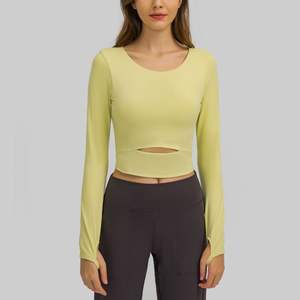 <span class=keywords><strong>Camiseta</strong></span> deportiva de manga larga S2032 para mujer europea americana, <span class=keywords><strong>Camiseta</strong></span> ajustada de moda para correr al aire libre, Top de Yoga, nuevo estilo, acolchado transpirable - Product Image 5