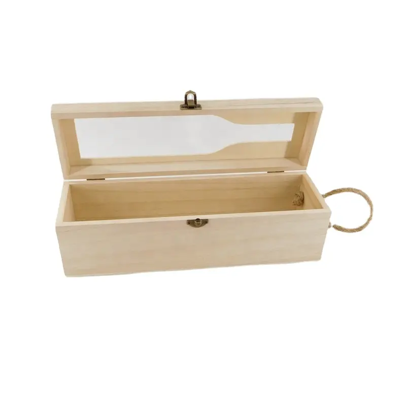 Cheap Natural Unfinished Single Bottle Wood Wine Box with Jute Handle