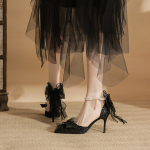 Scarpe Nere Estive 2024 di Alta Qualità per Donna, Tacco Alto <span class=keywords><strong>con</strong></span> Glitter, Strass, Perle e Fiocco, Tacco Sottile a Punta - Product Image 3