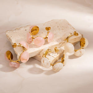 <b>Stud</b> <b>Earrings</b> Pink <b>Opal</b> Stone Gold Plated Geometric Design Fashion Jewelry - Product Image 2