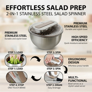 <span class=keywords><strong>Essoreuse</strong></span> à <span class=keywords><strong>salade</strong></span> en acier inoxydable avec poignée à pression, 2 en 1, laveur et sécheur de légumes pour la cuisine - Product Image 3