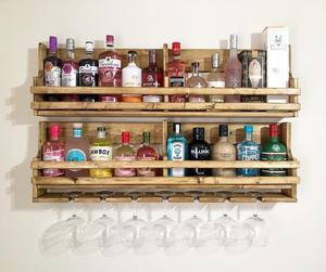 JUNJI Étagère flottante sur mesure en bois recyclé pour spiritueux <span class=keywords><strong>Gin</strong></span> et <span class=keywords><strong>Tonic</strong></span> avec porte-bouteille - Product Image 2
