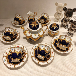 Complete Cobalt Blue Gold Embossed Floral <b>Bone</b> <b>China</b> <b>Dinner</b> Plate <b>Set</b> Teapot Cups Sugar Creamer Baroque Style Eco-Friendly - Product Image 6