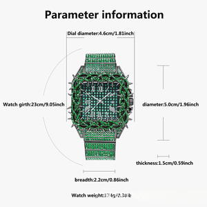 Reloj PIN <span class=keywords><strong>TIME</strong></span> PT2627 de Moda Estilo Hip-Hop para Hombre, Diseño Cuadrado Verde con Diamantes, Resistente al Agua 30M, Luminoso, de Cuarzo - Product Image 2