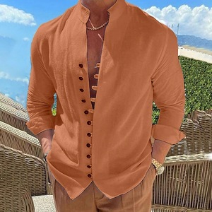 Camicie Henley Vintage da Uomo a Maniche Lunghe con Bottoni, Vestibilità Ampia, Colletto Rovesciato, Tessuto Elasticizzato in <span class=keywords><strong>Lino</strong></span>/Cotone - Product Image 4