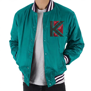Handmade Custom Men's Satin <b>Varsity</b> <b>Jacket</b> KVJ03 Embroidered Baseball Logo Collarless Design Winter Season Dyed Embroidery - Product Image 3