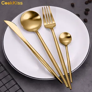 Metal Cutlery Set Grade Gold Silverware Wedding Tableware Gift Box Custom Logo Matt Plated Flatware Set Spoons Forks Knives