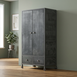 Industrial & Vintage Farmhouse Villa Living Room Furniture Iron Metal Black Rustic Finish 2 Door 2 Drawer Tall Storage Cabinet - Product Image 3