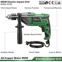 Taladro de Impacto Eléctrico Profesional de 950W, 13mm 1/2'', Velocidad Variable, Herramienta Eléctrica con Cable, Taladro Manual para Acero y Madera