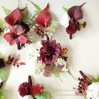 Boutonniere Sutra Artistik Merah Anggur, Bros Corsage Pergelangan Tangan, Aksesori Pakaian Pesta Pernikahan, Dekorasi Gelas Anggur, Pengantin Pria & Wanita