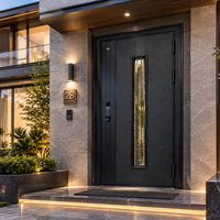 Porte d'entrée en acier pour villa moderne, porte extérieure simple battante avec verre trempé décoratif pour maison résidentielle