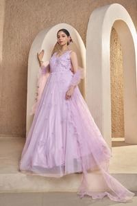 伝統的なピンクのネットガウン手作りビーズスパンコール装飾インドの婚約パーティーウェアドレス - Product Image 3