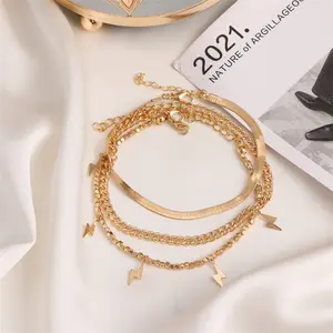 Pulseira relâmpago de liga dourada, bracelete vintage com lantejoulas para meninas estrelas e tornozelo da moda 2021