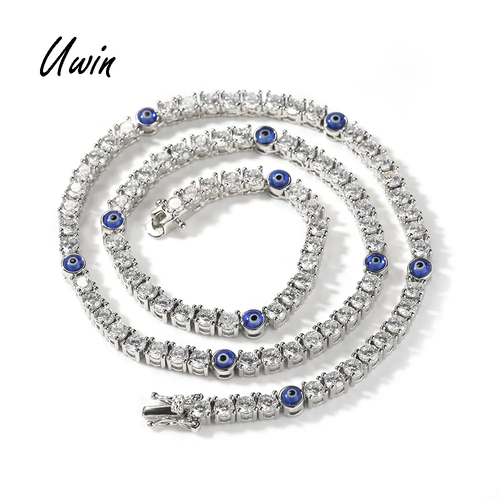 UWIN Chic 4mm Turkish Blue EvilEye Necklace 18K Gold Plated Jewelry Set Women Men Unisex Rapper Jewellery