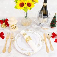 50 assiettes à dessert jetables en plastique robuste, dorées et blanches, de 7,5 pouces, pour mariages et fêtes