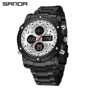 SANDA 3394 นาฬิกาข้อมือผู้ชายมัลติฟังก์ชั่นคุณภาพสูง, นาฬิกาดิจิตอลกันน้ำหน้าปัดขนาดใหญ่แบบการเคลื่อนที่คู่พร้อมสายเหล็ก - Product Image 1