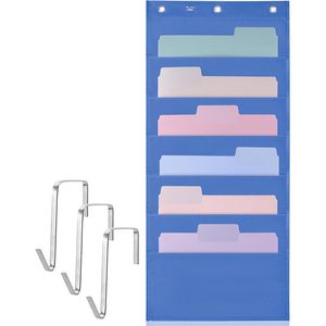 Hanging Wall <b>File</b> Organizer 6 Pocket Blue With 3 Stainless Steel <b>Hangers</b> For Office Storage Behind Doors Or On Walls - Product Image 1