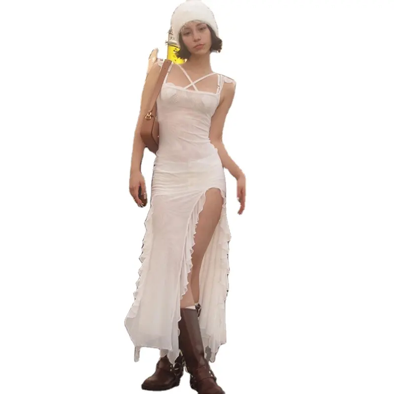 Vestido de malla sexy sin espalda micro-a través de encaje Halter slip dress jacquard slip dress