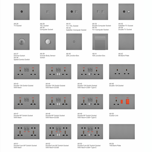 Wholesale New Design Wall Switch and Socket Germany Standard PC Grey Panel A6 Series Light Electric Switches for Home