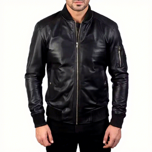 Chaqueta Bomber de Cuero Genuino Negro para Hombre, Cuello Acanalado, Cremallera, Bolsillos en las Mangas, Piel de Oveja, Chaqueta de Vuelo MA1 Personalizada, Abrigo de Invierno para Aviador - Product Image 1