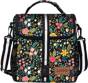 2024 Leakproof Insulated Floral Lunch Box with Adjustable Shoulder Strap Reusable Zipper Cooler Tote Bag Lunch Bags for Women