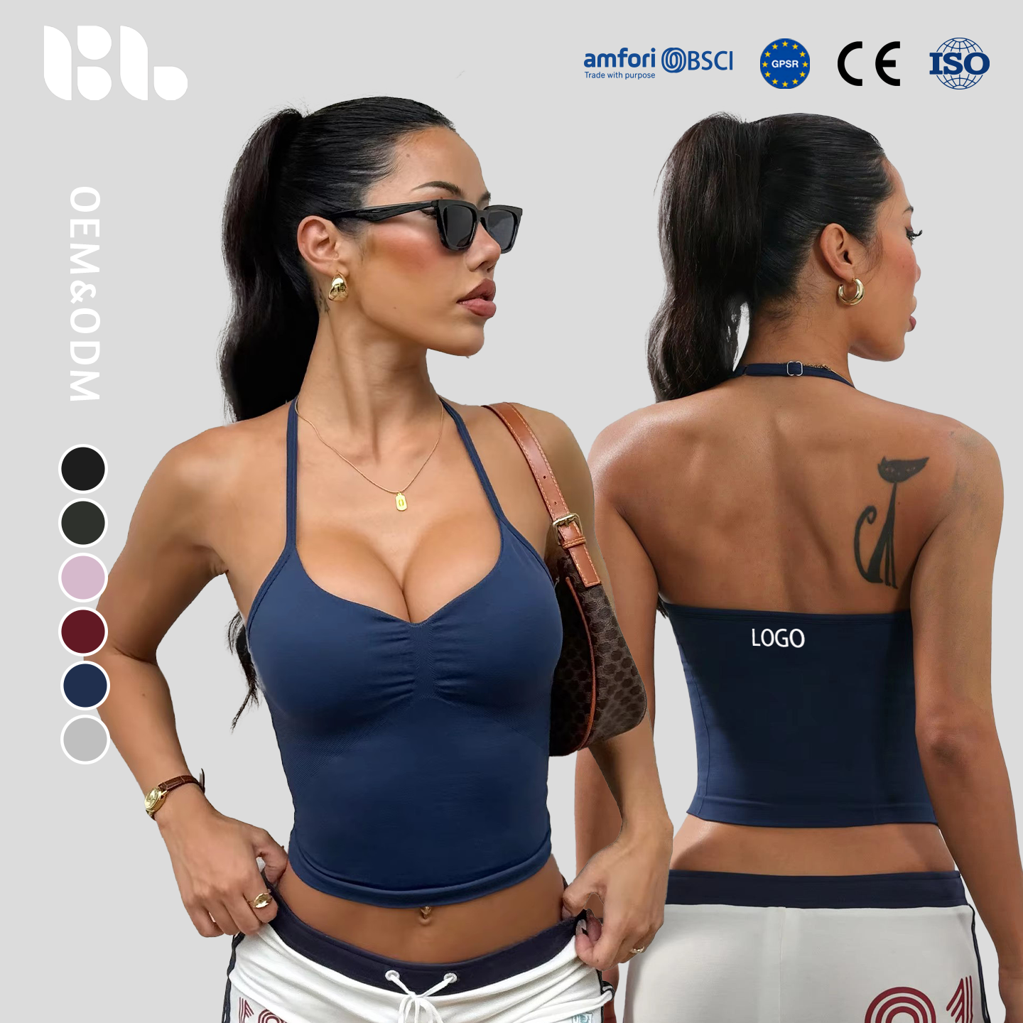 Halter Neck Nylon Spandex Women's Backless Crop Top High Stretch Yoga Gym Workout Sleeveless Tank Top OEM/ODM
