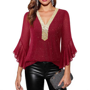 Camisa de Oficina Casual de Gasa para Mujer, Estilo Primavera/Verano, Transpirable, Cuello en V, Media Manga, Venta al por Mayor - Product Image 6