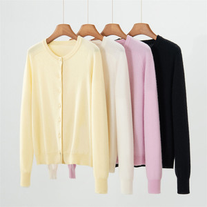 100% Cashmere Knitted <strong>Cardigan</strong> <strong>Women's</strong> Round Neck Solid Color Thin <strong>Long</strong> Sleeved Sweater - Product Image 5