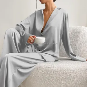 Logo personalizzato etichetta privata manica lunga in raso confortevole seta allentata abbigliamento per la casa donna Lounge Wear set pigiama Casual a due pezzi