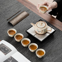 Set Teh Tanah Liat Kasar Oriental Vintage Dengan Nampan Drainase Persegi Panjang dan Teko Buatan Tangan Dengan 6 Cangkir
