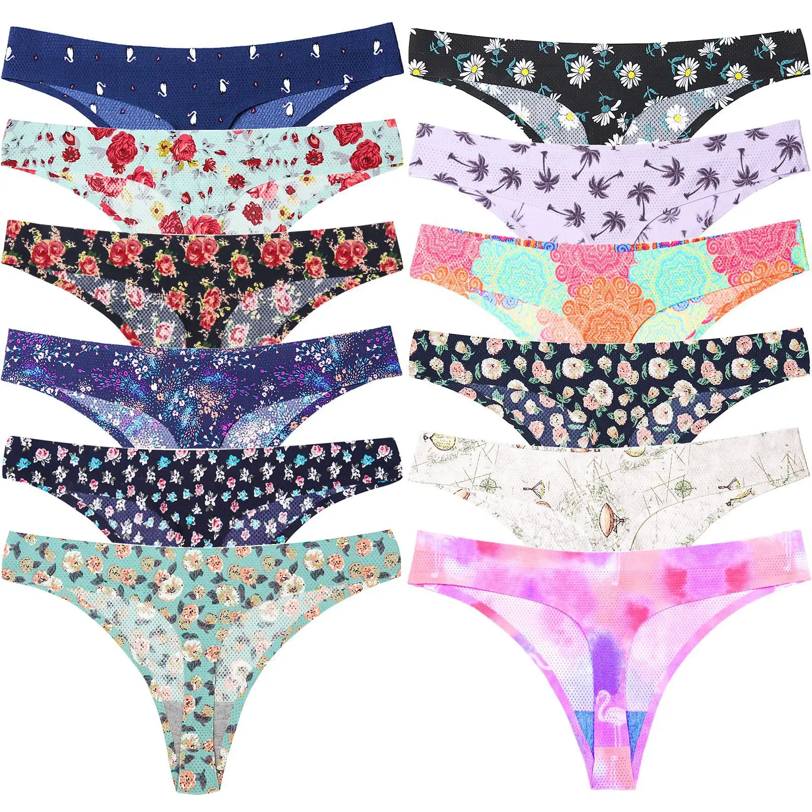 XS-XL Custom flower print seamless breathable underwear girls T back middle waist one-piece G-string women sexy thong panties