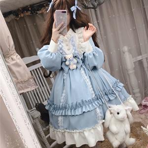 Vestido gótico francés <span class=keywords><strong>Lolita</strong></span> para mujer, vestido azul de encaje de oso con lazo Kawaii, vestidos de princesa de manga larga, disfraz de Halloween, regalo para niñas - Product Image 3