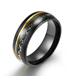 Gentdes Jewelry Dome 8mm Titanium Wedding Bands Black Yellow Gold Blue Dinosaur Bone Inlaid Titanium Rings