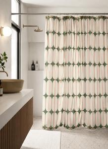 Cortina de Ducha Geométrica Ovalada Verde Oliva Beige Estilo <span class=keywords><strong>Bauhaus</strong></span>, Resistente a la Decoloración y a las Manchas - Product Image 4