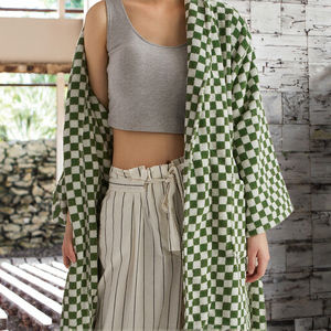 Peignoir en coton vert rétro pour homme et femme, peignoir de luxe en coton peigné à poils longs, tissé thermique, longueur genoux, pour adultes, pour la saison de printemps - Product Image 2