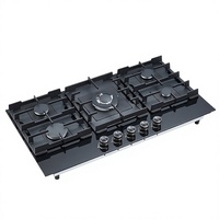 Table de cuisson à gaz portable 5 brûleurs en verre trempé avec supports en fonte, allumage par impulsions, sécurité anti-extinction de flamme intégrée/extérieure