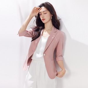 Women's Blazer Apricot Solid Color Three Quarter Sleeve Slim Fit Spring Summer 2026 Pocket Design Versatile Suit Jacket - Product Image 4